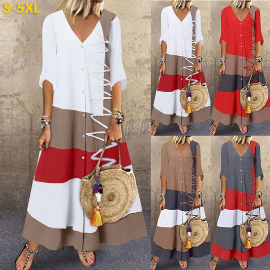 🌸🌸【S-5XL】2025 Noua modă de moda casual doamnelor cu decolteu în V cu mânecă scurtă cu mâneci scurte de imprimare rochie lun
