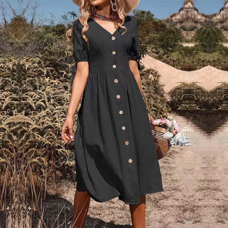 👗2025 noua fusta lunga din bumbac si in Rochie de dama cu decolteu in V de culoare uni