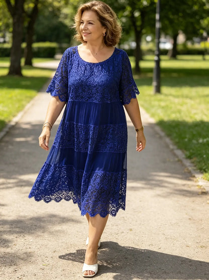 🔥【ZĽAVA 50%】✨✨✨【S-5XL】Nové tričkové šaty z roku 2026 s krátkymi rukávmi, okrúhlym výstrihom a čipkou.