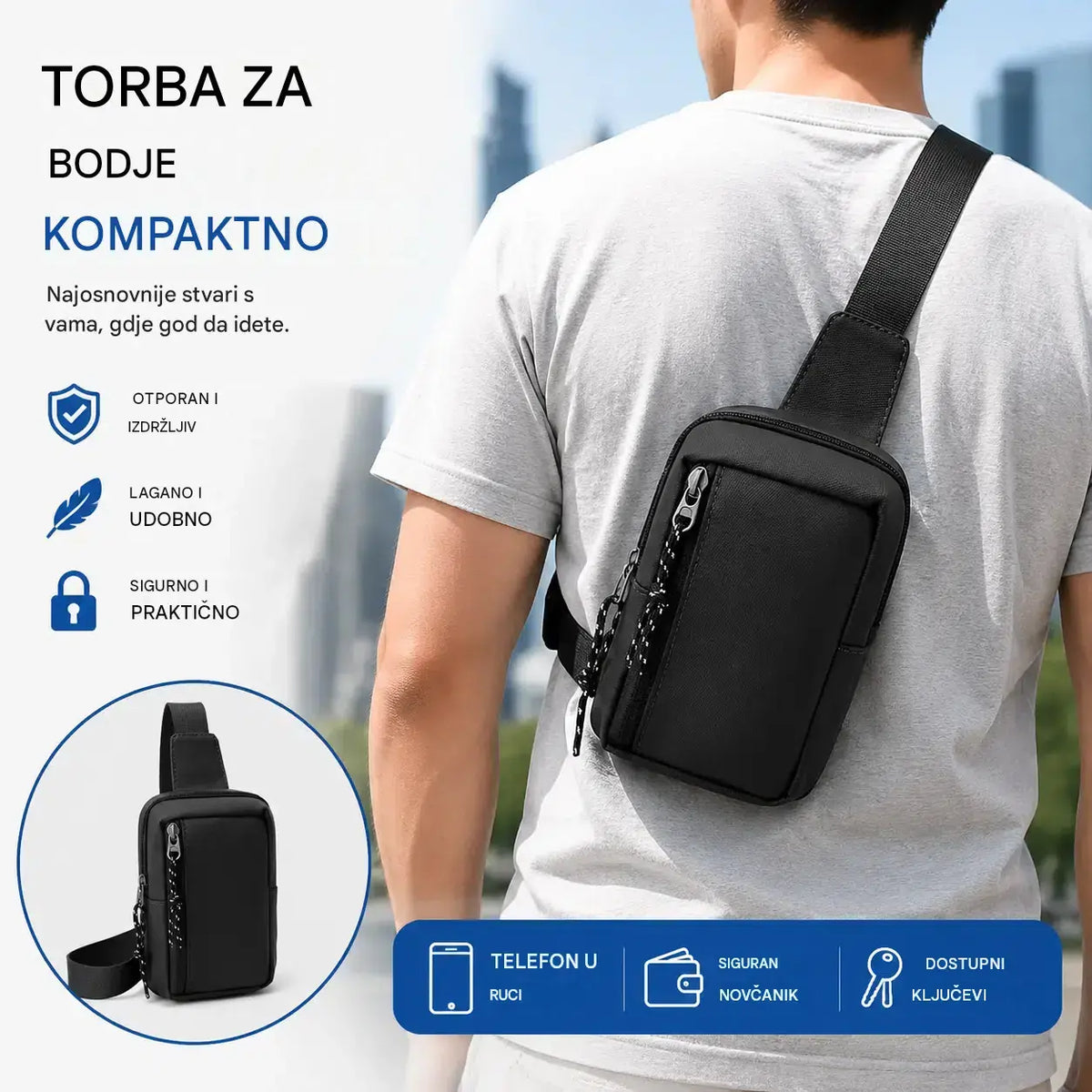 Višedijelna torba za rame s džepom protiv krađe na stražnjoj strani: zaštitite svoje dragocjenosti.