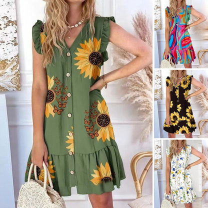 💛🧡💚【S-2XL】2026 Nowa luźna sukienka z nadrukiem z dekoltem w serek i bawełny Tencel