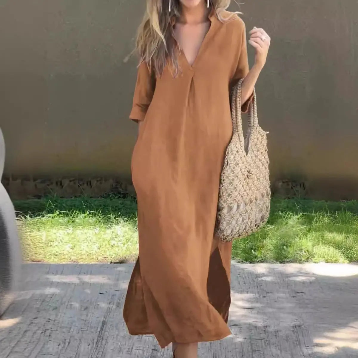 🌿💃【50% popusta 🔥】【S–3XL】Duga haljina od lana s V-izrezom i prorezima, udobna i lagana za ljeto