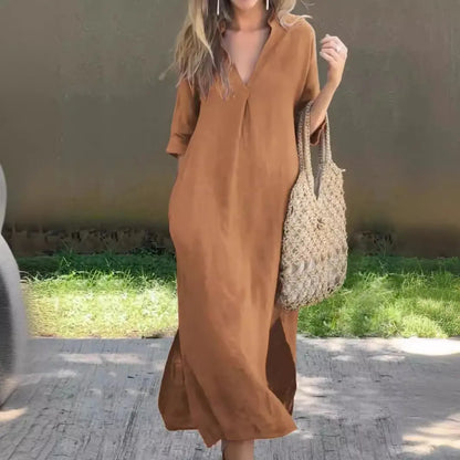 🌿💃【50% popusta 🔥】【S–3XL】Duga haljina od lana s V-izrezom i prorezima, udobna i lagana za ljeto
