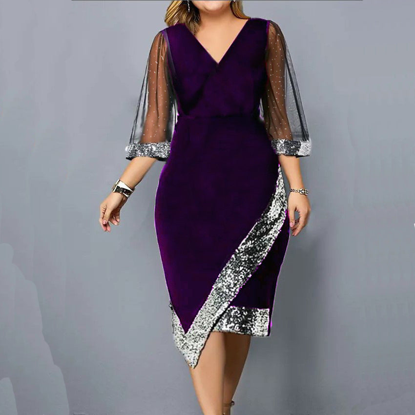 🌟 Nou 2025 ✨ Rochie de damă transparentă din plasă neregulată, catifea aurie și paiete ✨👗💃