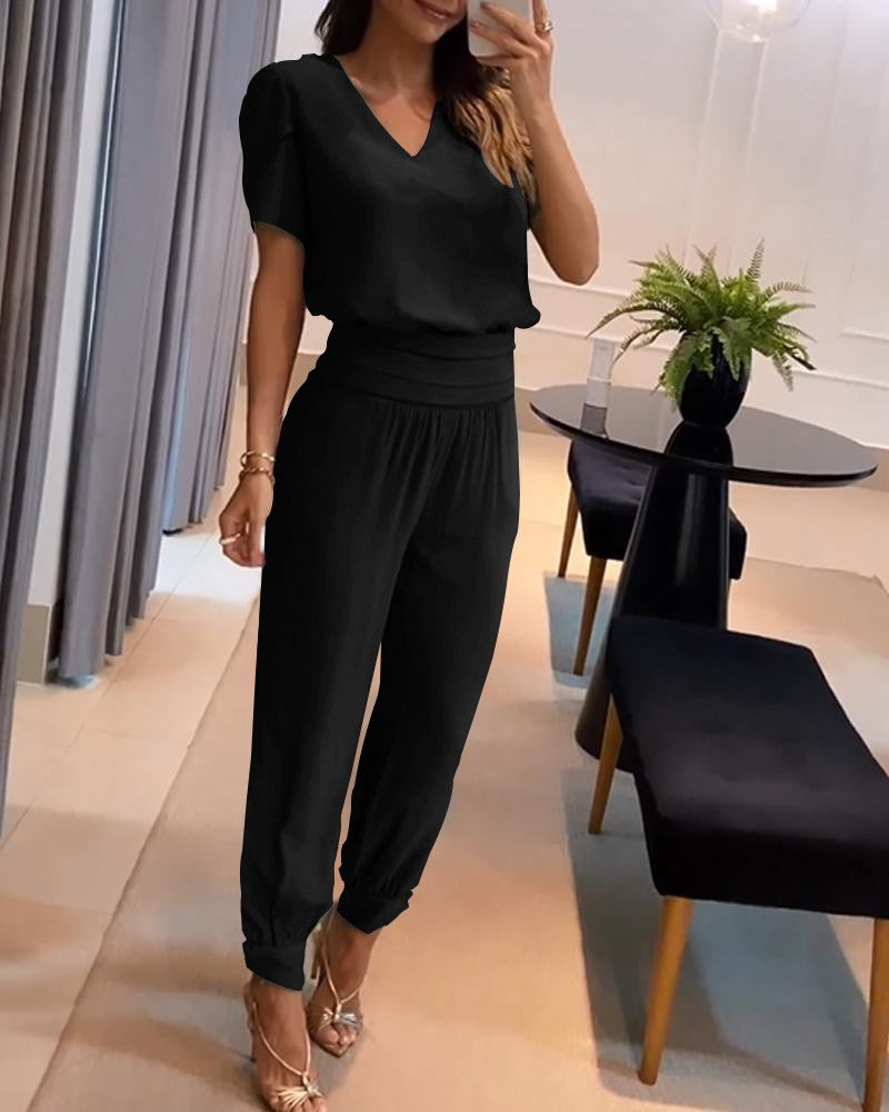 🥰【Top+Pantaloni】 Costum casual de dama din doua piese cu modelSet din două piese de pantaloni cu mânecă scurtă cu decolteu în V imprimați pentru femei