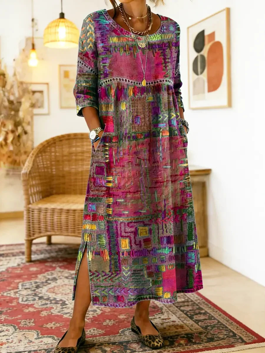 💟【S-5XL】Ženska haljina od čistog pamuka, etnički print, patchwork, čipkasti obrub
