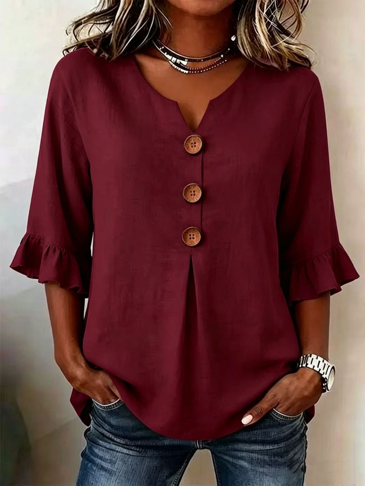 【S-3XL】 👚💖Ženska udobna pamučna i lanena košulja s volanima srednje duljine i kopčanjem na gumbe, moderna i elegantna.
