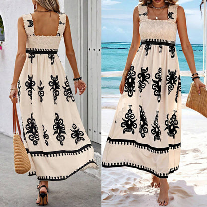 🏖️💃【Reducere 50% ✨】【S–8XL】Rochie nouă de vară pentru femei, lejeră, cu bretele și imprimeu, talie elastică, mărimi mari, perfectă pentru plajă și vacanță