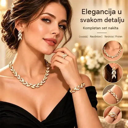 ✨💎 Ženski set nakita od 4 dijela | Ogrlica, narukvica, prsten i naušnice s motivom lista i kubičnim cirkonima