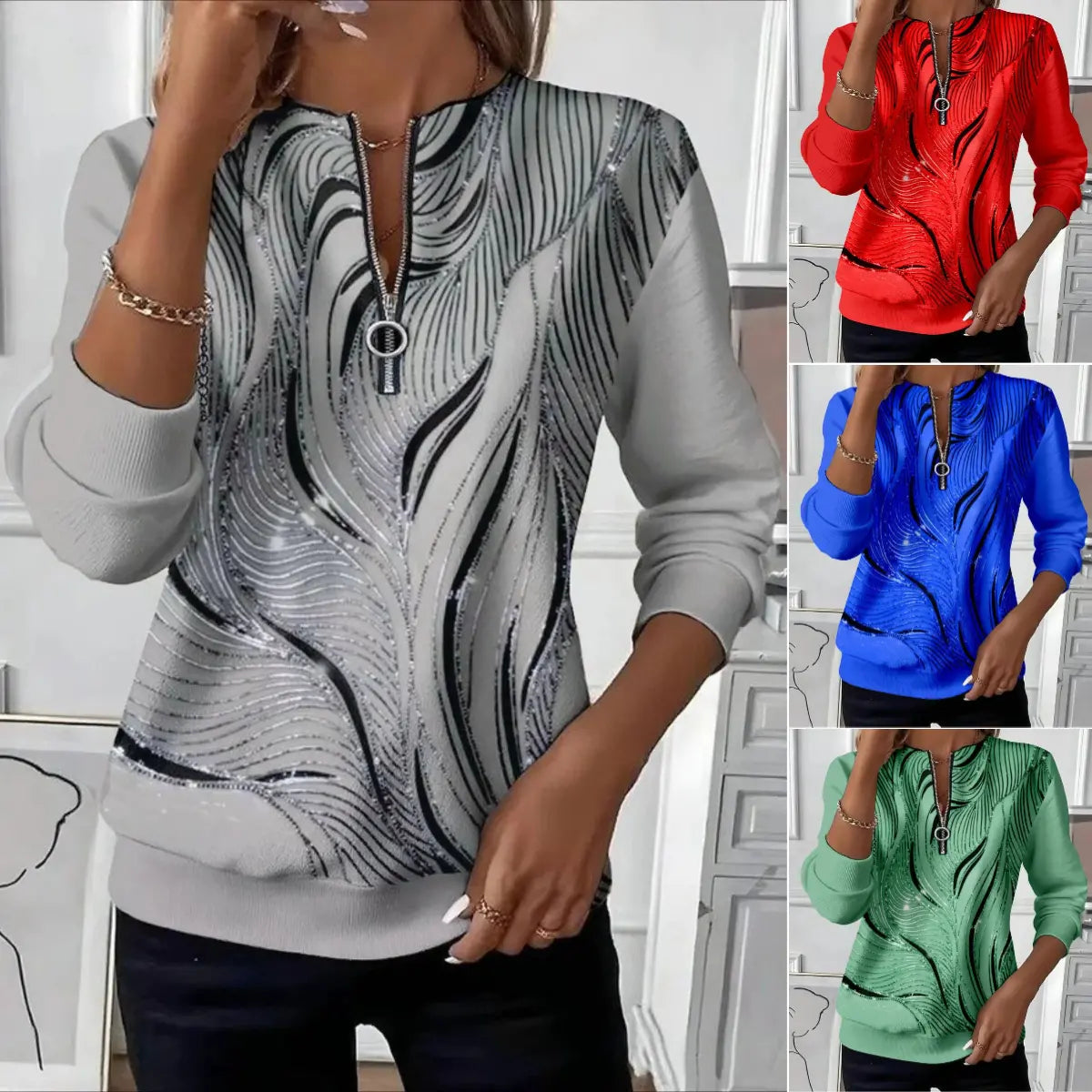 👚🔥【Plaćanje pouzećem】💥(S-5XL) Ženska prugasta majica s dugim rukavima i patentnim zatvaračem, ležerna