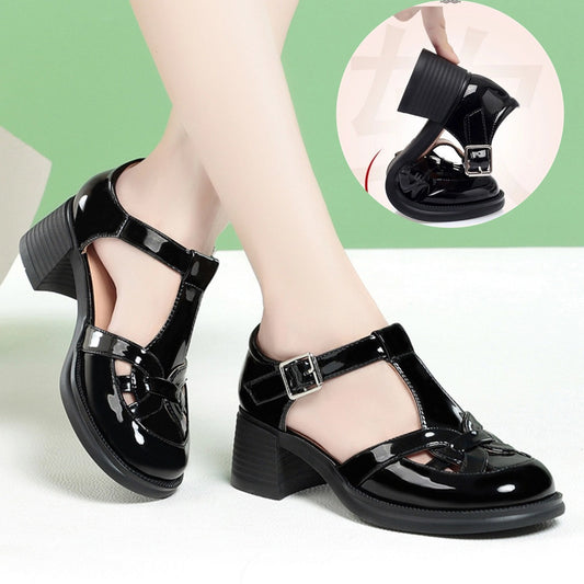 💥💥【Oferta ograniczona czasowo】💝【35-40】Sandały z grubego obcasa z wydrążoną podeszwą ze skóry lakierowanej