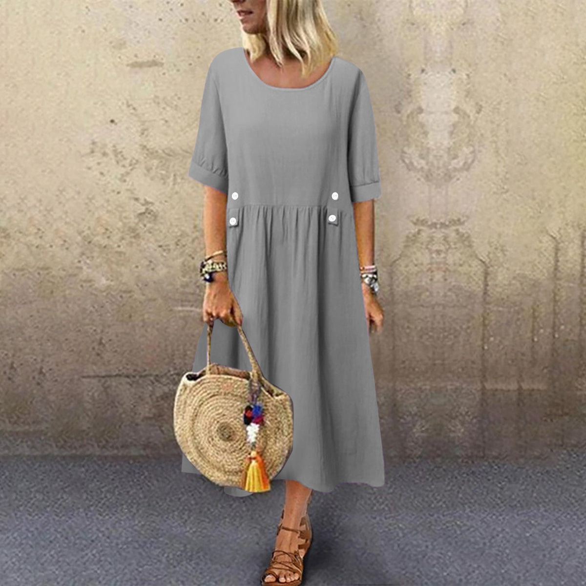 🔥👗[M-3XL] 💖🌹Nova elegantna ženska odjeća od pamuka i lana iz 2025. široka ležerna haljina s okruglim izrezom i kratkim rukavima
