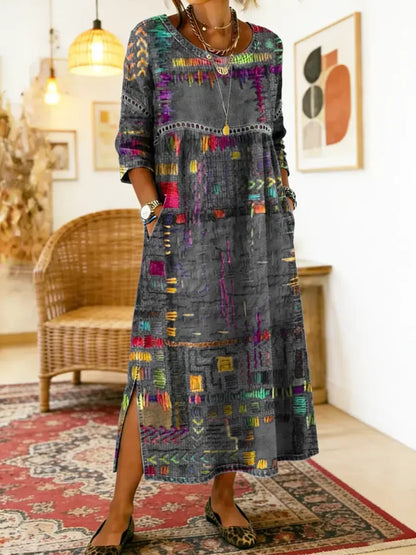 💟【S-5XL】Ženska haljina od čistog pamuka, etnički print, patchwork, čipkasti obrub