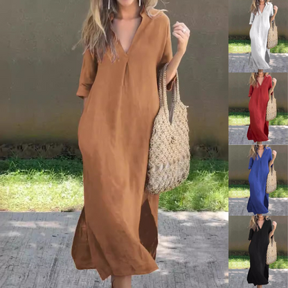 🌿💃【50% έκπτωση 🔥】【S–3XL】Μακρύ λινό φόρεμα με V λαιμόκοψη και σκισίματα, άνετο και ελαφρύ για το καλοκαίρι
