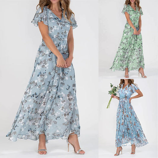 ✨🔥【Noua vară】【S-3XL】Rochie din șifon, mâneci scurte, volane în formă de V, la modă și strâmtă în talie