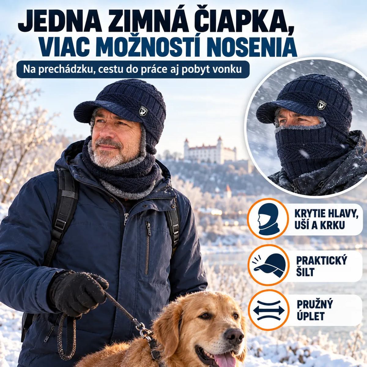 🧢❄️🔥【1 kus, ochrana uší a tváre, obvod hlavy 55–60 cm】Pletená zimná čiapka s predĺženou časťou na krk a šiltom – hrejivá, vetruodolná a vhodná na outdoor.