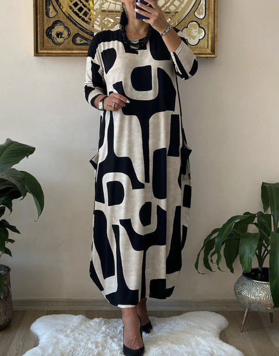 🥻Ležerna obleka s potiskom in okroglim ovratnikom, modna, jesenska