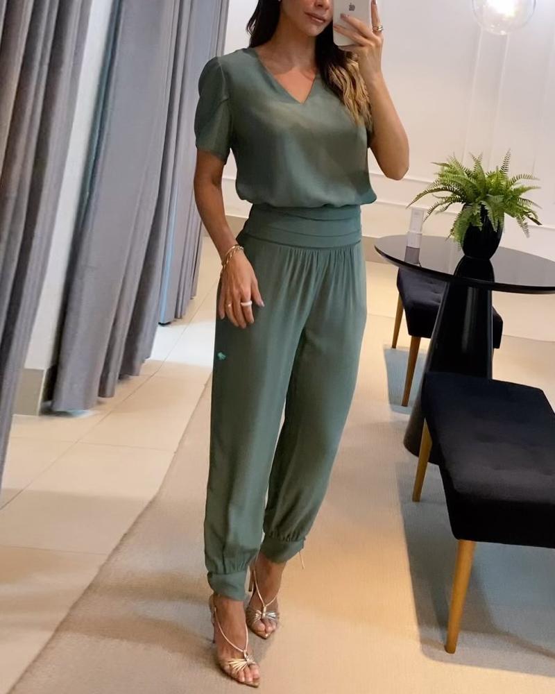 🥰【Top+Pantaloni】 Costum casual de dama din doua piese cu modelSet din două piese de pantaloni cu mânecă scurtă cu decolteu în V imprimați pentru femei