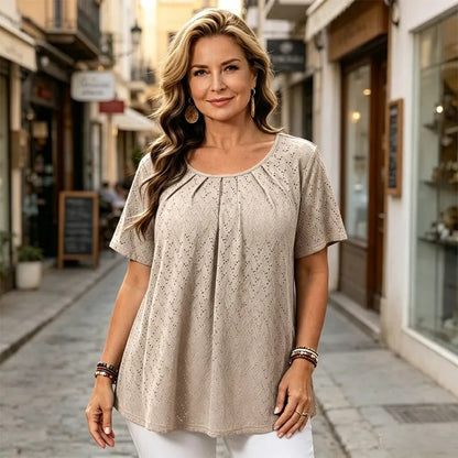 Elegantna ženska bluza s vezom i plisiranim dekolteom, ležerna majica kratkih rukava, teksturirana košulja u francuskom stilu