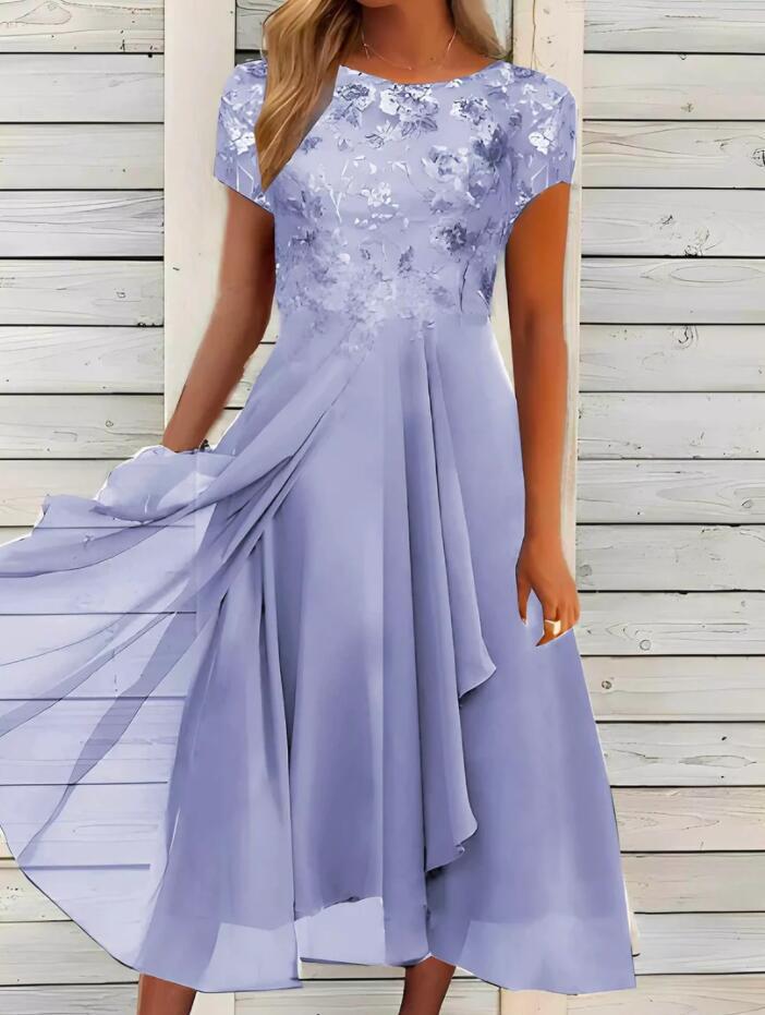 💖【S-5XL】Šifonska haljina od čipke s okruglim izrezom i patchwork uzorkom, lepršava suknja