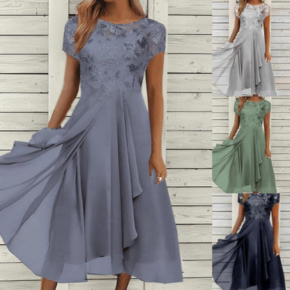 💖【S-5XL】Šifonska haljina od čipke s okruglim izrezom i patchwork uzorkom, lepršava suknja
