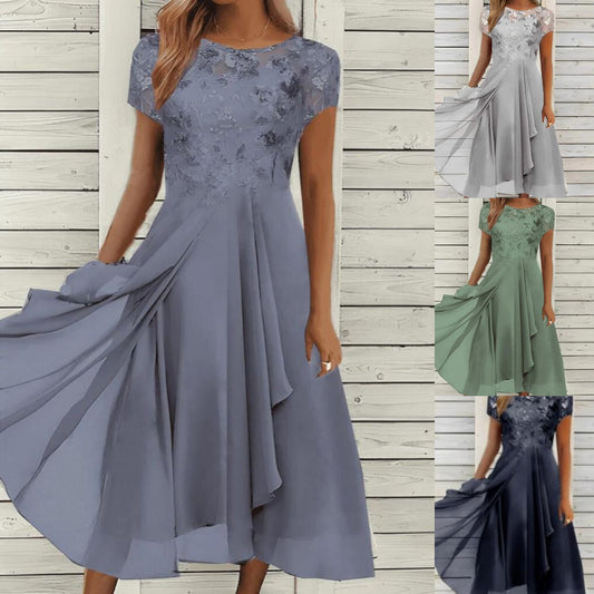 💖【S-5XL】Šifonska haljina od čipke s okruglim izrezom i patchwork uzorkom, lepršava suknja