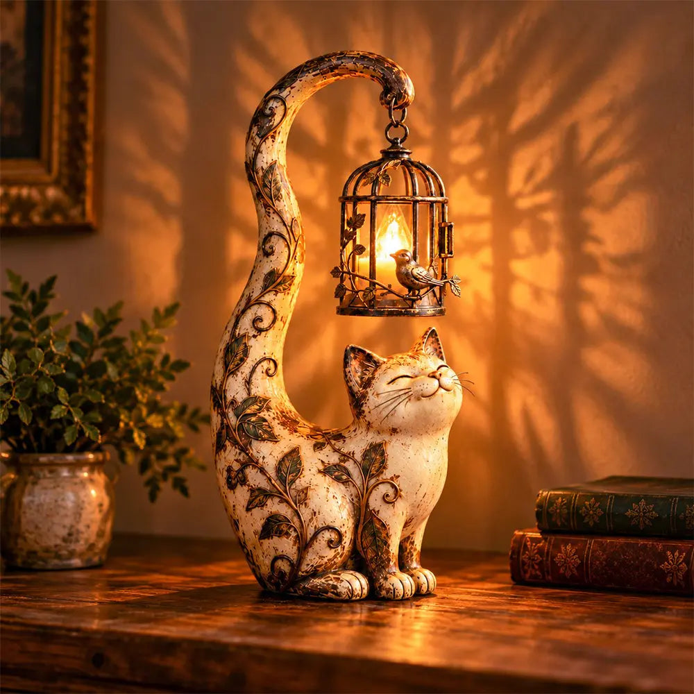 🐱💡Noćno svjetlo u vintage stilu – mačka s krletkom – kreativna vrtna dekoracija