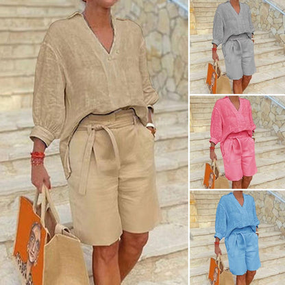 🔥【S-5XL】2025 Hot vânzare costum nou cazual de dama de vară din bumbac și in 【Top + pantaloni scurți】