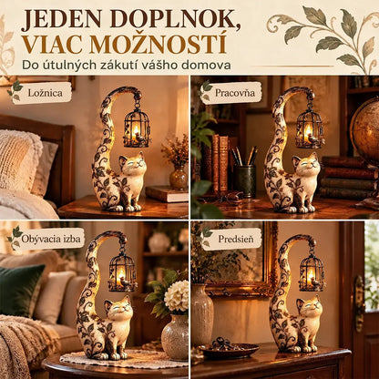 🐱💡【1 kus, výška 18,5 cm】Vintage nočné svetlo – mačka s vtáčou klietkou – kreatívna dekorácia pre útulný domov.