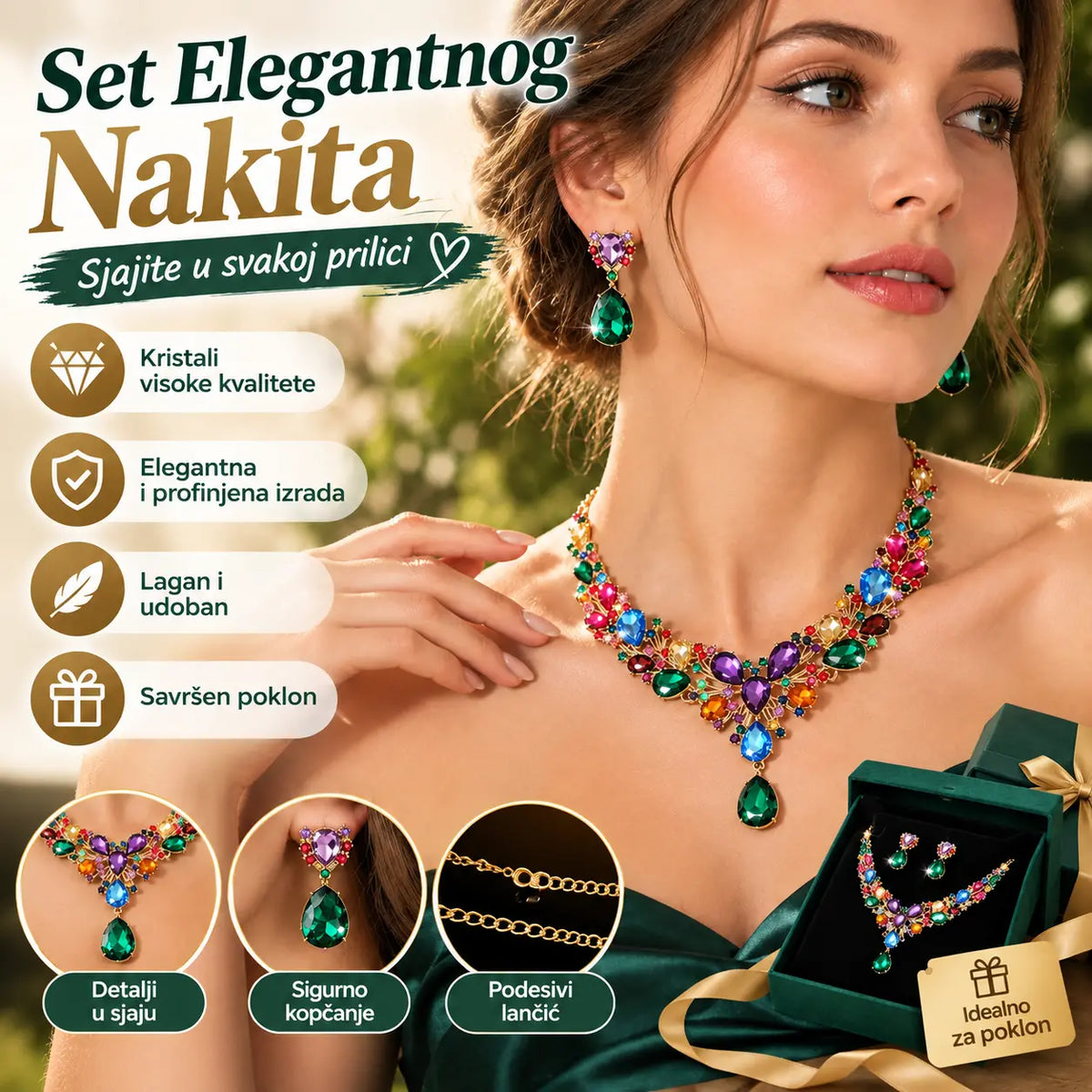 ✨【Ogrlica + naušnice】💖💎Novi set šarene ogrlice i naušnica od kubnog cirkona.