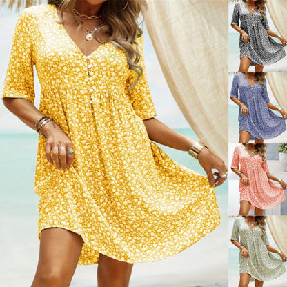 👗【S-3XL】Rochie noua florală gât în V mânecă scurtă temperament