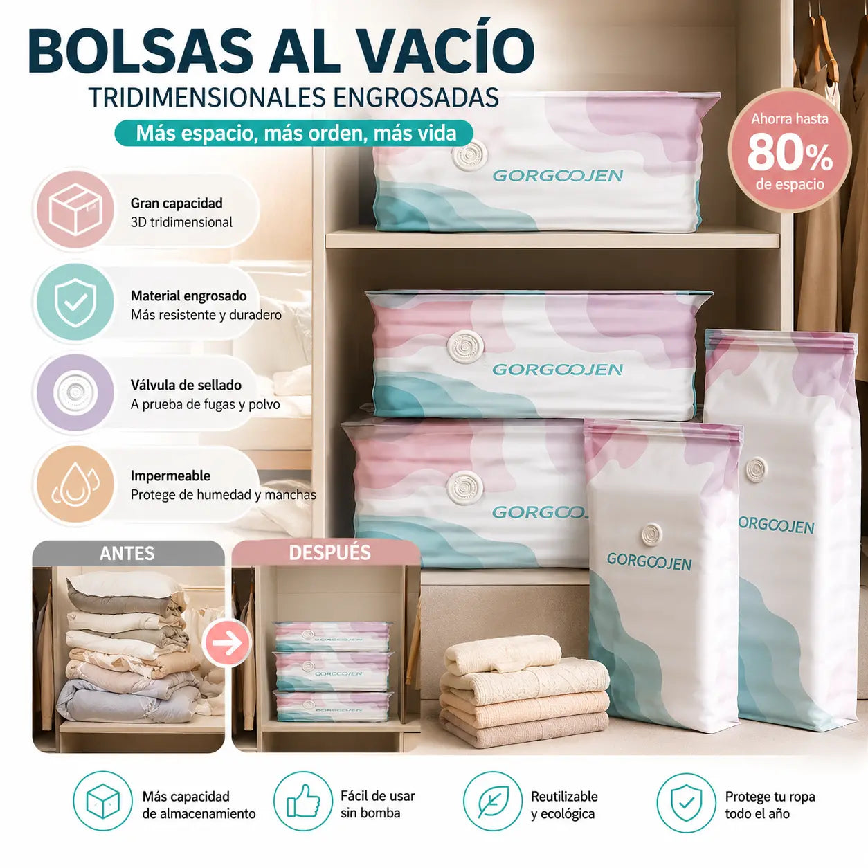 🧳 5 artículos 💨 Bolsa de almacenamiento al vacío grande y compresible: no requiere bomba, es a prueba de fugas e ideal para ahorrar espacio en maletas y en casa ✈️
