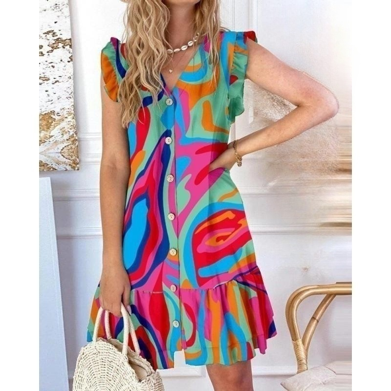 💛🧡💚【S-2XL】2026 Nowa luźna sukienka z nadrukiem z dekoltem w serek i bawełny Tencel