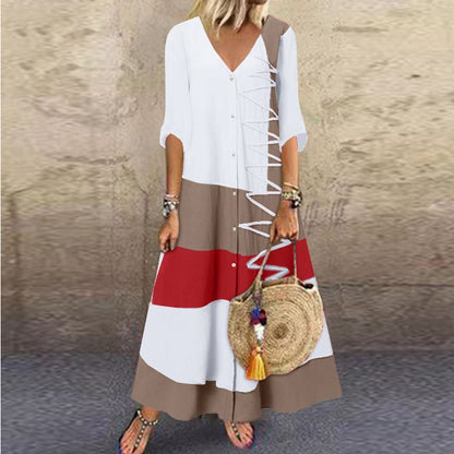 🌸🌸【S-5XL】2025 Noua modă de moda casual doamnelor cu decolteu în V cu mânecă scurtă cu mâneci scurte de imprimare rochie lun