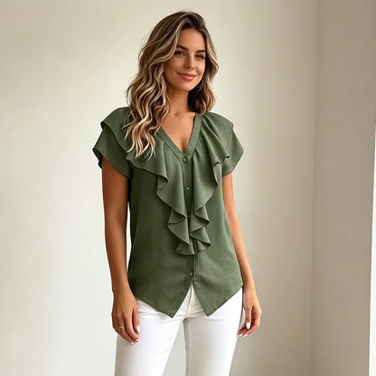 Elegantna ljetna bluza za žene s V-izrezom – ležerna košulja s volanima i gumbima, mekan, prozračan i hladan materijal