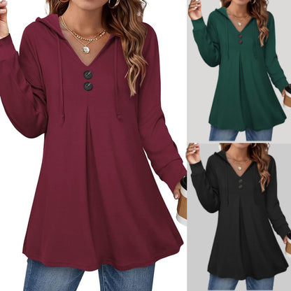 👚Nov ležeren top z V-izrezom in kapuco z dolgimi rokavi