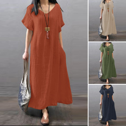 👗【S-5XL】Nova ležerna haljina od pamuka i lana, materijal od pamuka i lana, široka i opuštena s džepovima