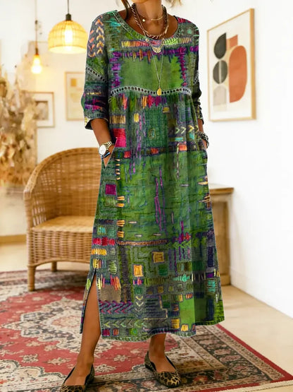 💟【S-5XL】Ženska haljina od čistog pamuka, etnički print, patchwork, čipkasti obrub