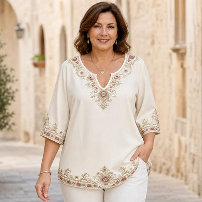 Bluza kratkih rukava s V-izrezom i retro vezom, veće veličine