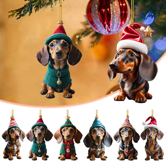 【🐶7 bucăți】🎄Bożonarodzeniowe ozdoby choinkowe w kształcie jamnika, zawieszki do dekoracji samochodu