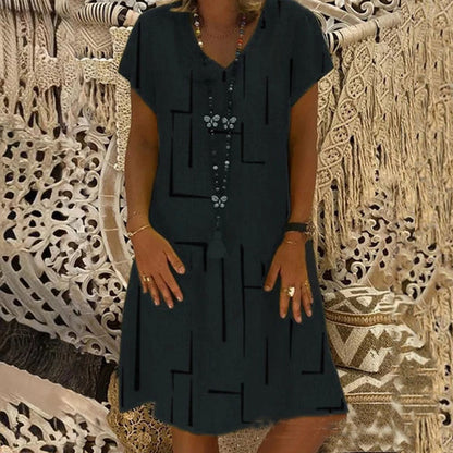 🥻🌲【45% OFF】👗【S-5XL】Nowa sukienka z nadrukiem z dekoltem w serek, wykonana z bawełny i lnu: przyjazna dla skóry i miękka