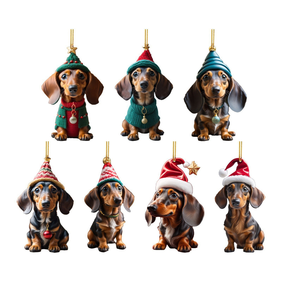 【🐶7 kusů】🎄Vánoční ozdoby na stromeček ve tvaru jezevčíka, přívěsky na dekoraci auta