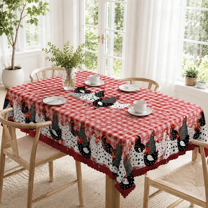 🐓 50% POPUSTA SAMO OGRANIČENO VRIJEME! ❤️ Stolnjak s uzorkom seoskog pijetla: Crveni karirani stolnjak s printom piletine, otporan na prolijevanje s čipkastim obrubom ✨