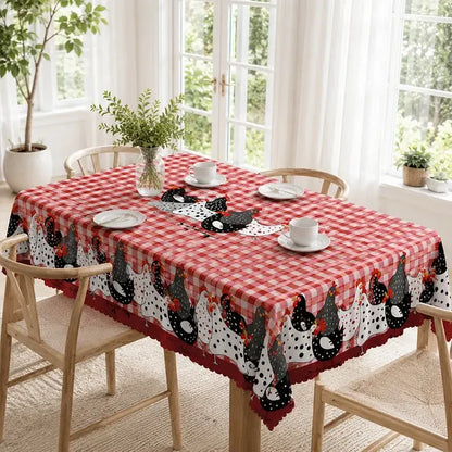 🐓 50% POPUSTA SAMO OGRANIČENO VRIJEME! ❤️ Stolnjak s uzorkom seoskog pijetla: Crveni karirani stolnjak s printom piletine, otporan na prolijevanje s čipkastim obrubom ✨
