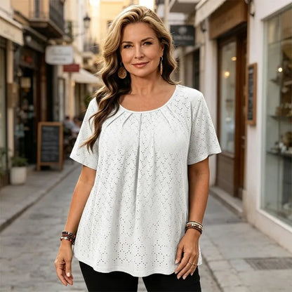 Elegantna ženska bluza s vezom i plisiranim dekolteom, ležerna majica kratkih rukava, teksturirana košulja u francuskom stilu