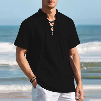 🏄‍♂️👔【Ljetni novi artikli - 50% popusta🔥】Muška pamučna i lanena Henley majica velikih veličina, V-izrez, vezica
