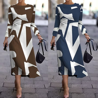 💥【Sprzedaje się jak świeże bułeczki】Nowa sukienka z długim rękawem i geometrycznym nadrukiem na jesień i zimę