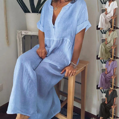 【40~100kg】Rochie de vară casual din bumbac și mâneci scurte cu decolteu în V 2023 