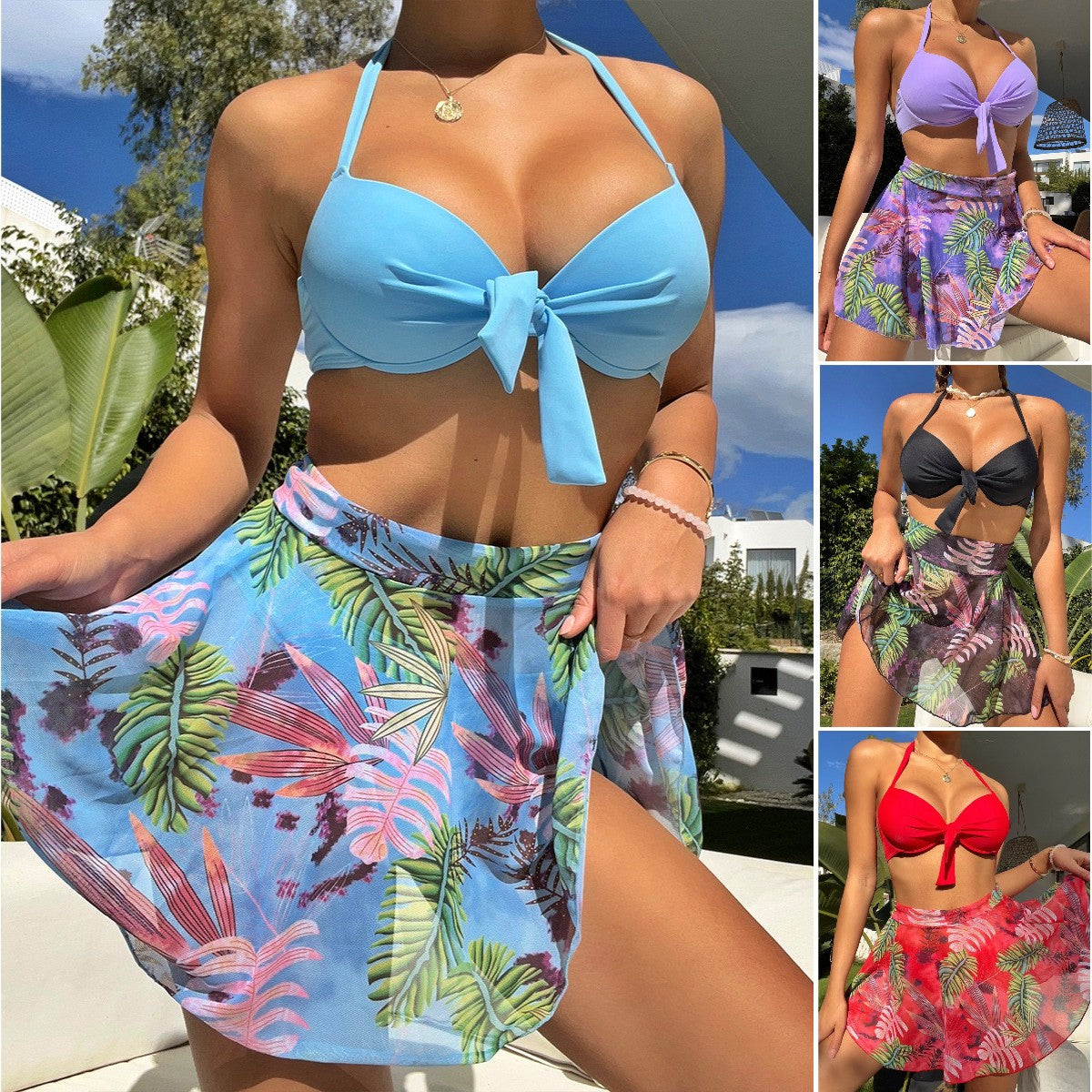 🏊‍👙🌴2025 costum de baie sexy din trei piese pentru femei, rochie de plajă cu imprimeu