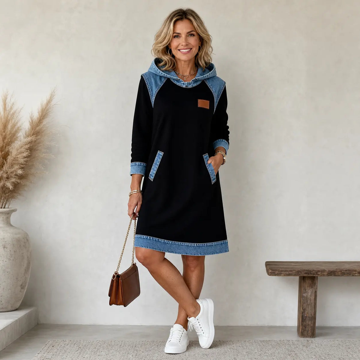 🔥⛄【50 % popusta✨】🌷🌞 Nova zimska modna traper haljina s kapuljačom i dizajnom od spojenih dijelova (patchwork)